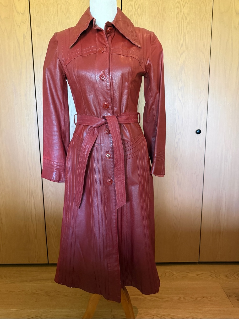 Rare Vintage 70s Oxblood Red Leather Maxi Trench Coat Belted Size 8